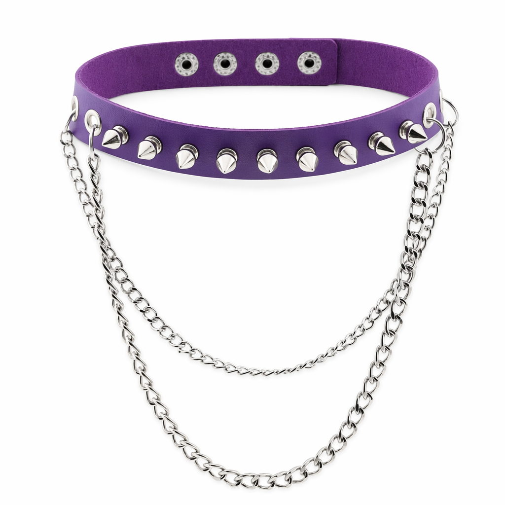 Studded Chain Leather Choker Purple