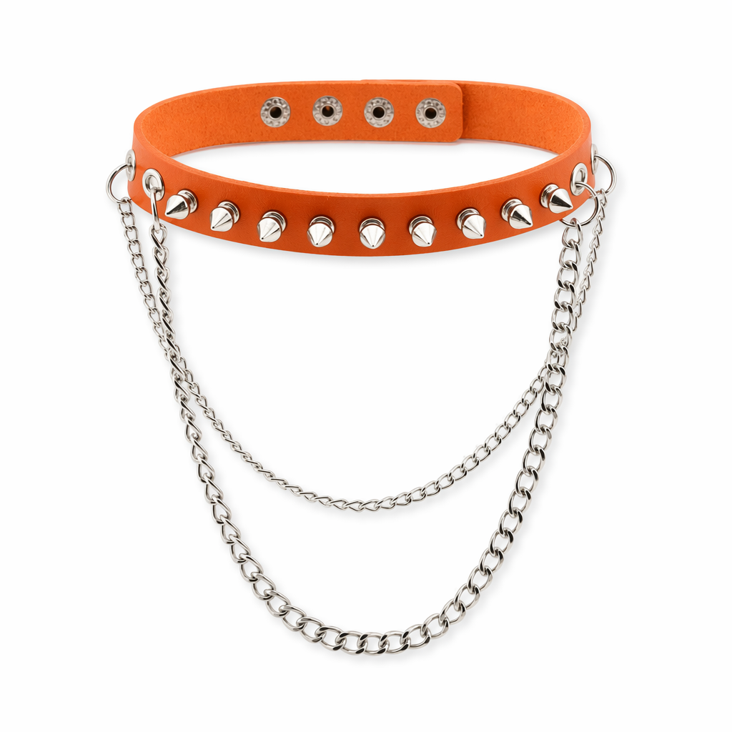 Studded Chain Leather Choker Orange
