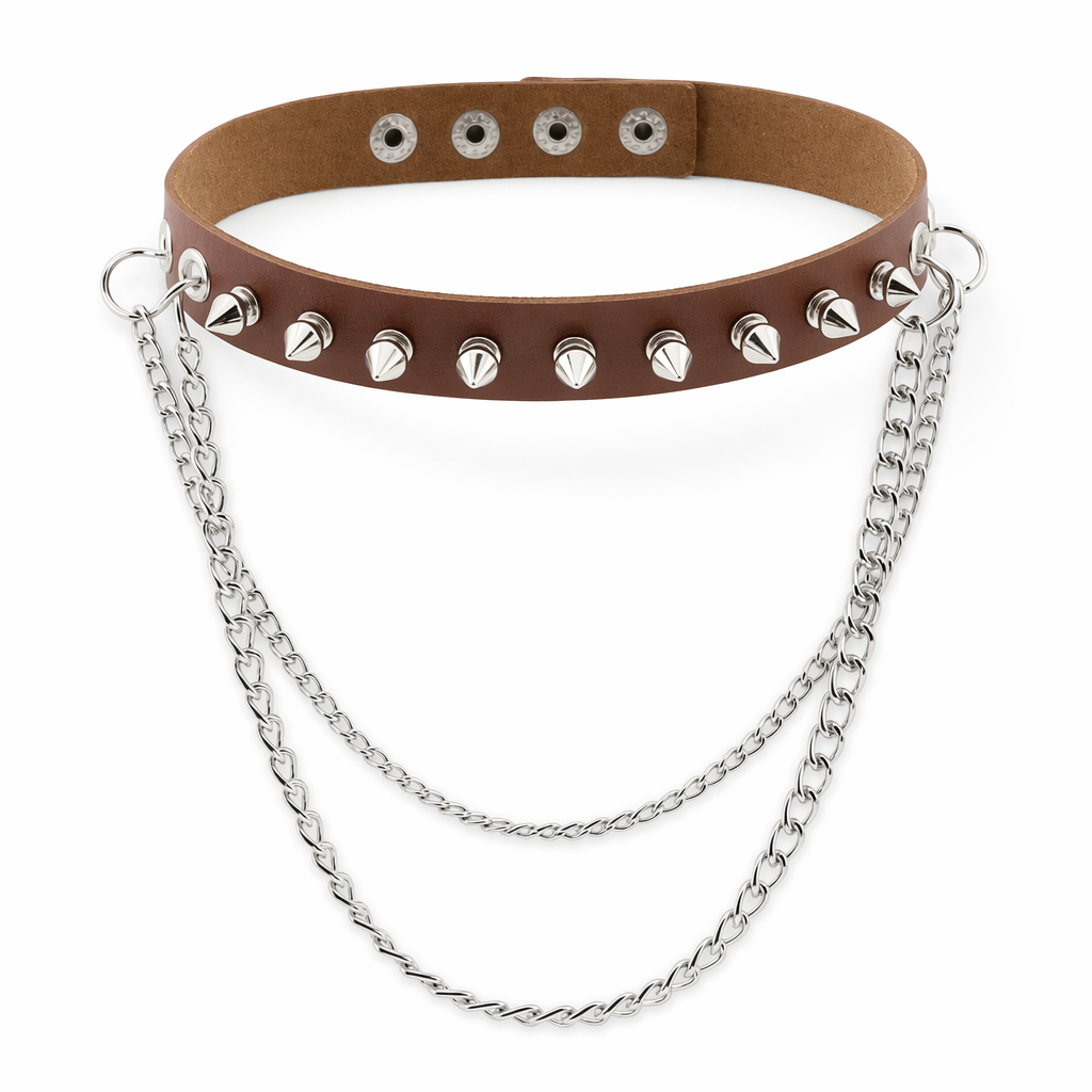 Studded Chain Leather Choker Brown