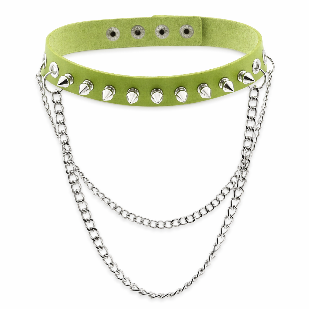 Studded Chain Leather Choker Green
