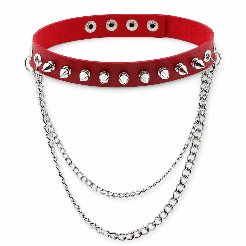 Studded Chain Leather Choker Red