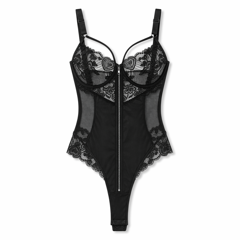 Sexy Black Lace Zipper Bodysuit BLACK