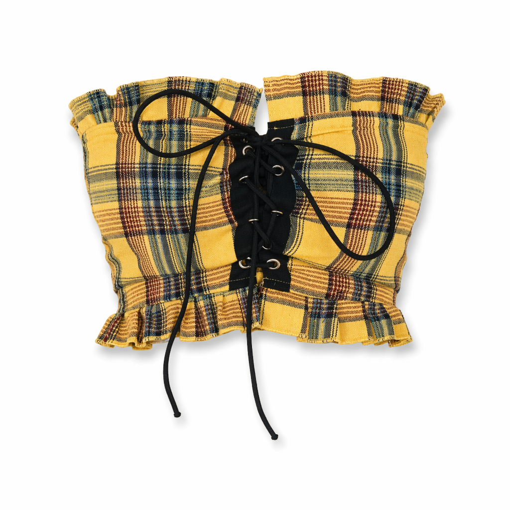 Yellow Plaid Lace-Up Crop Top Default