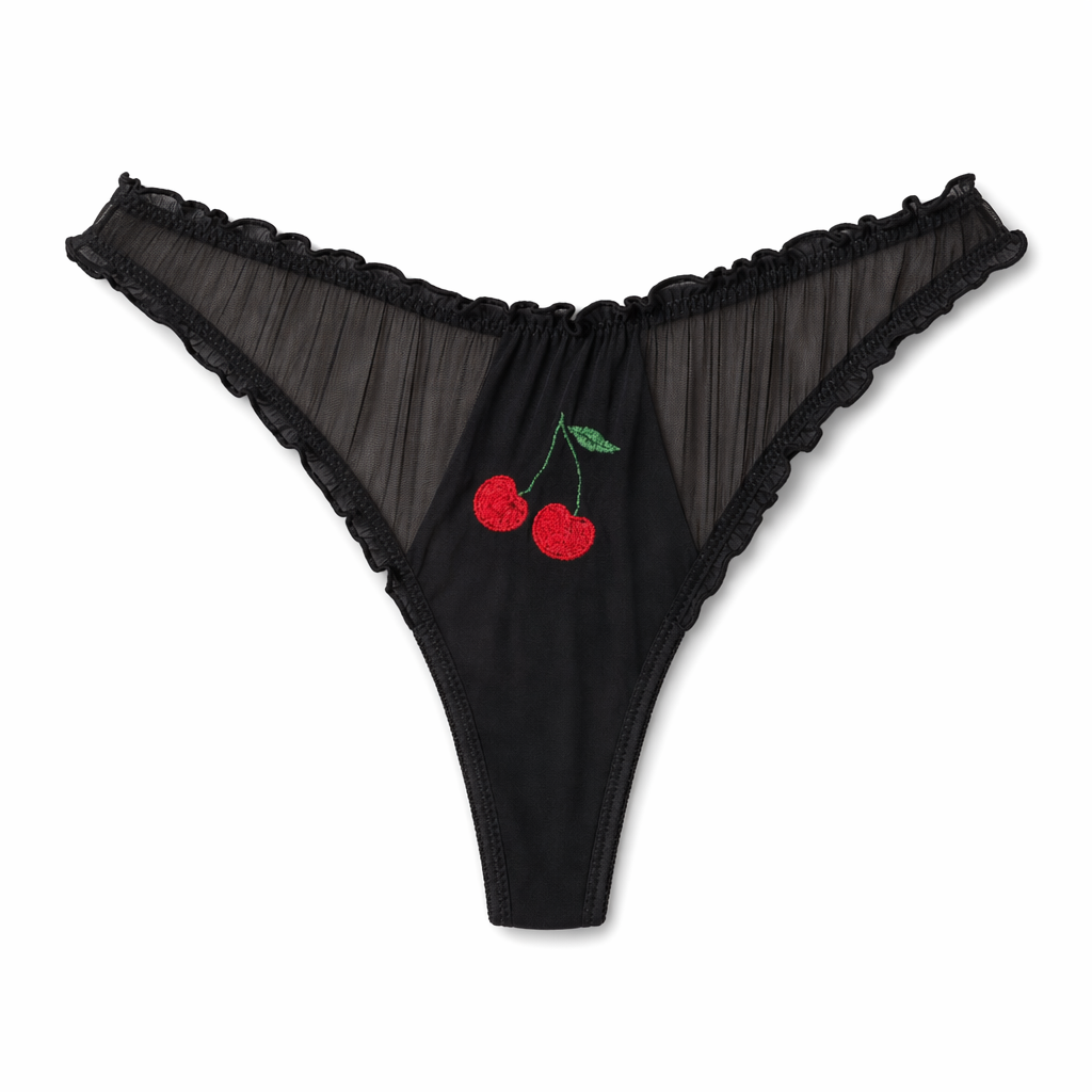 Cherry Embroidered Black Panties Black
