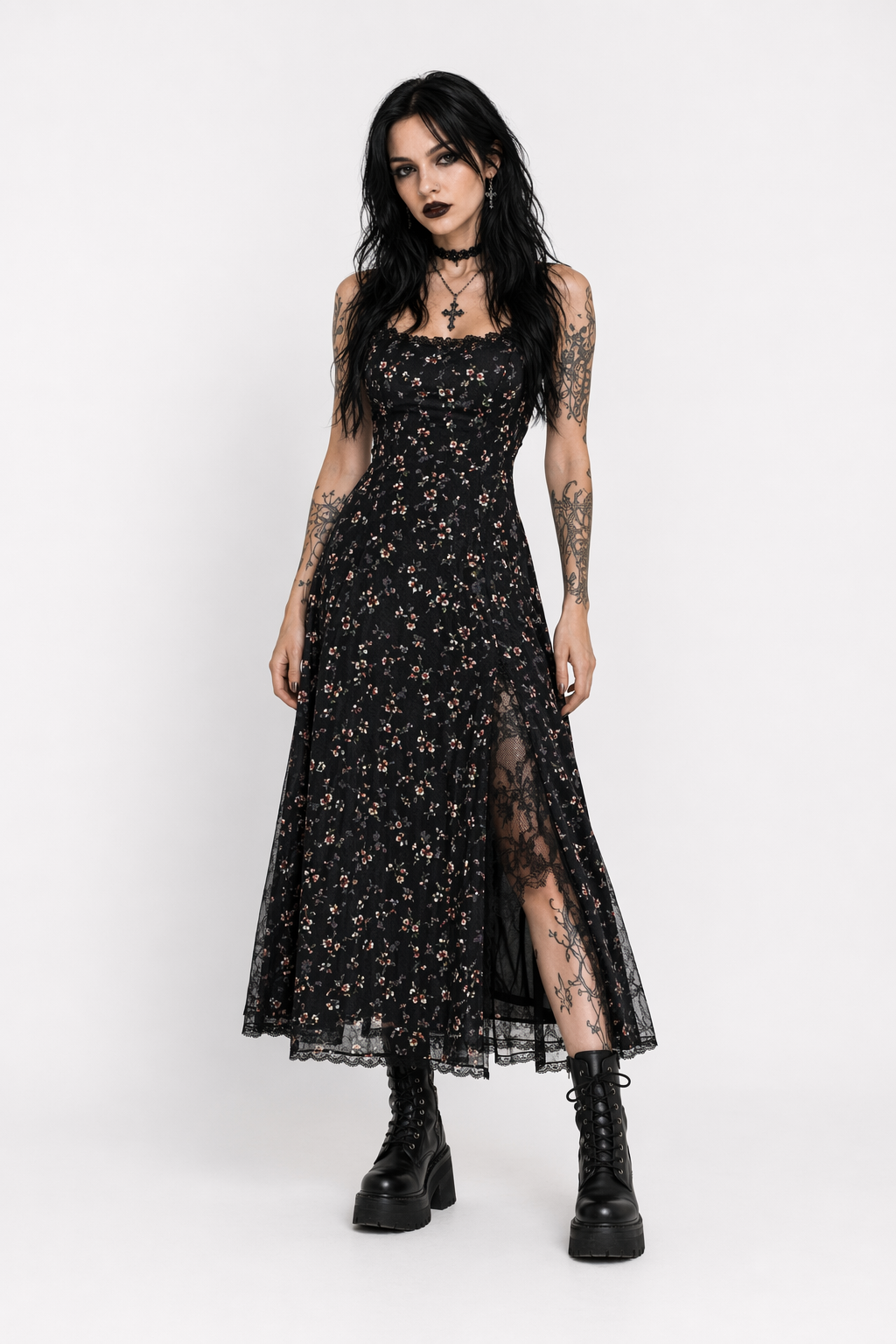 Crazytown' Floral Split Dress (Black) Black