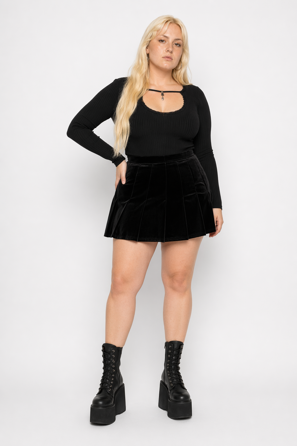 Velvet Pleated Mini Skirt Black