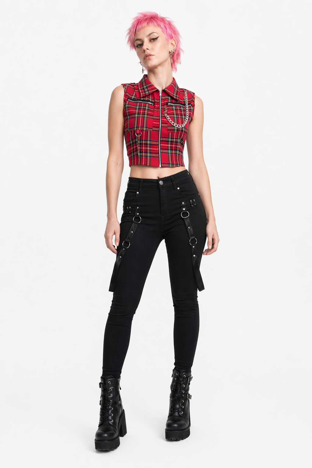 Red Plaid Zip Crop Top Plaid Vest