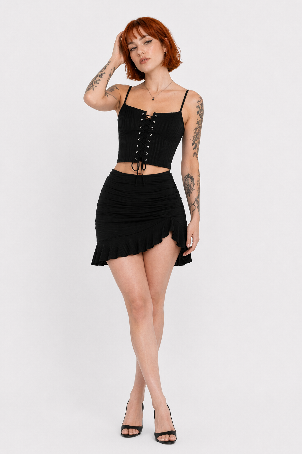 "Lace-Up Black Cropped Cami" BLACK