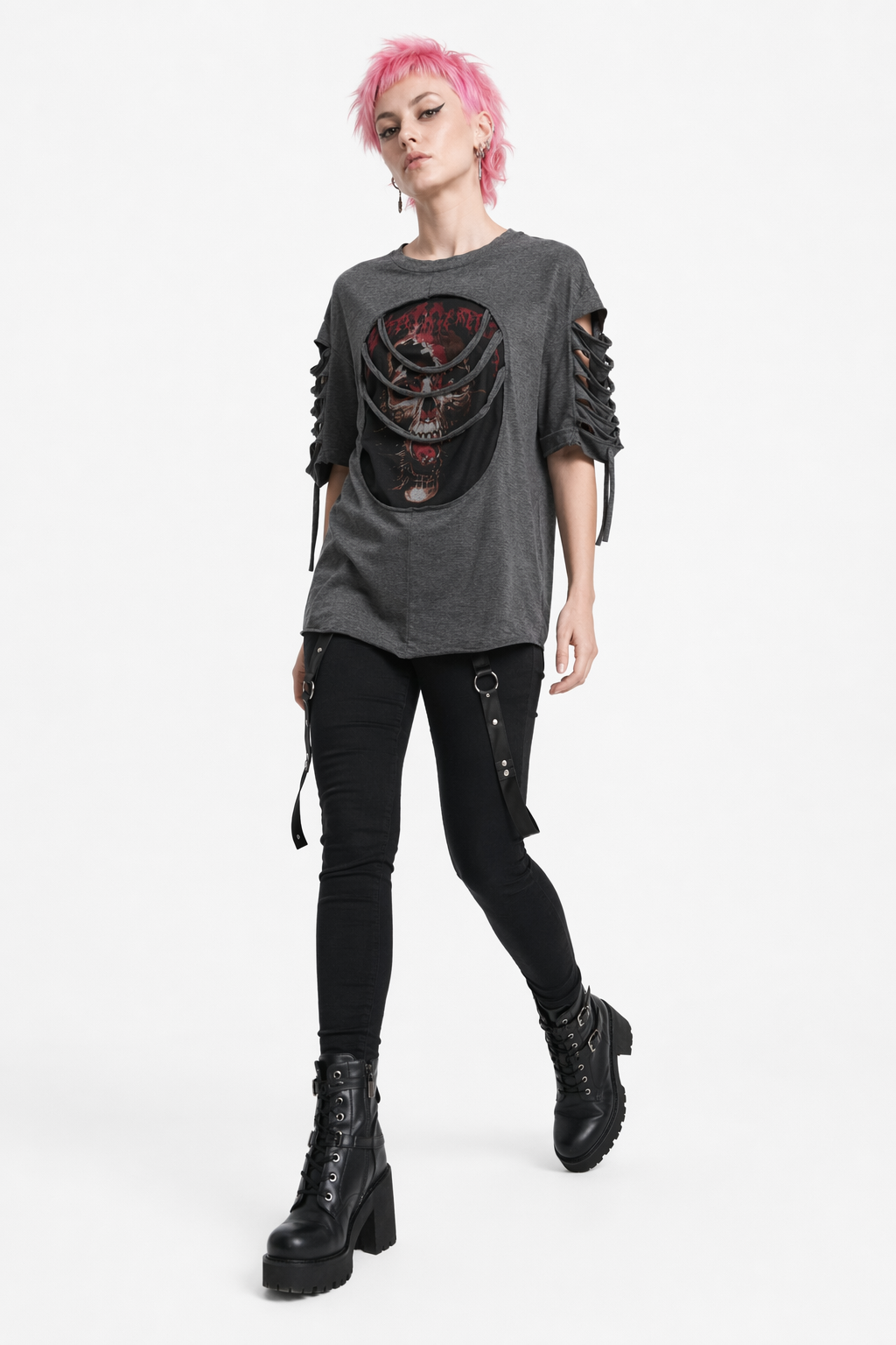 Alt Ripped Grey/Black Unisex Skull Tee Gray