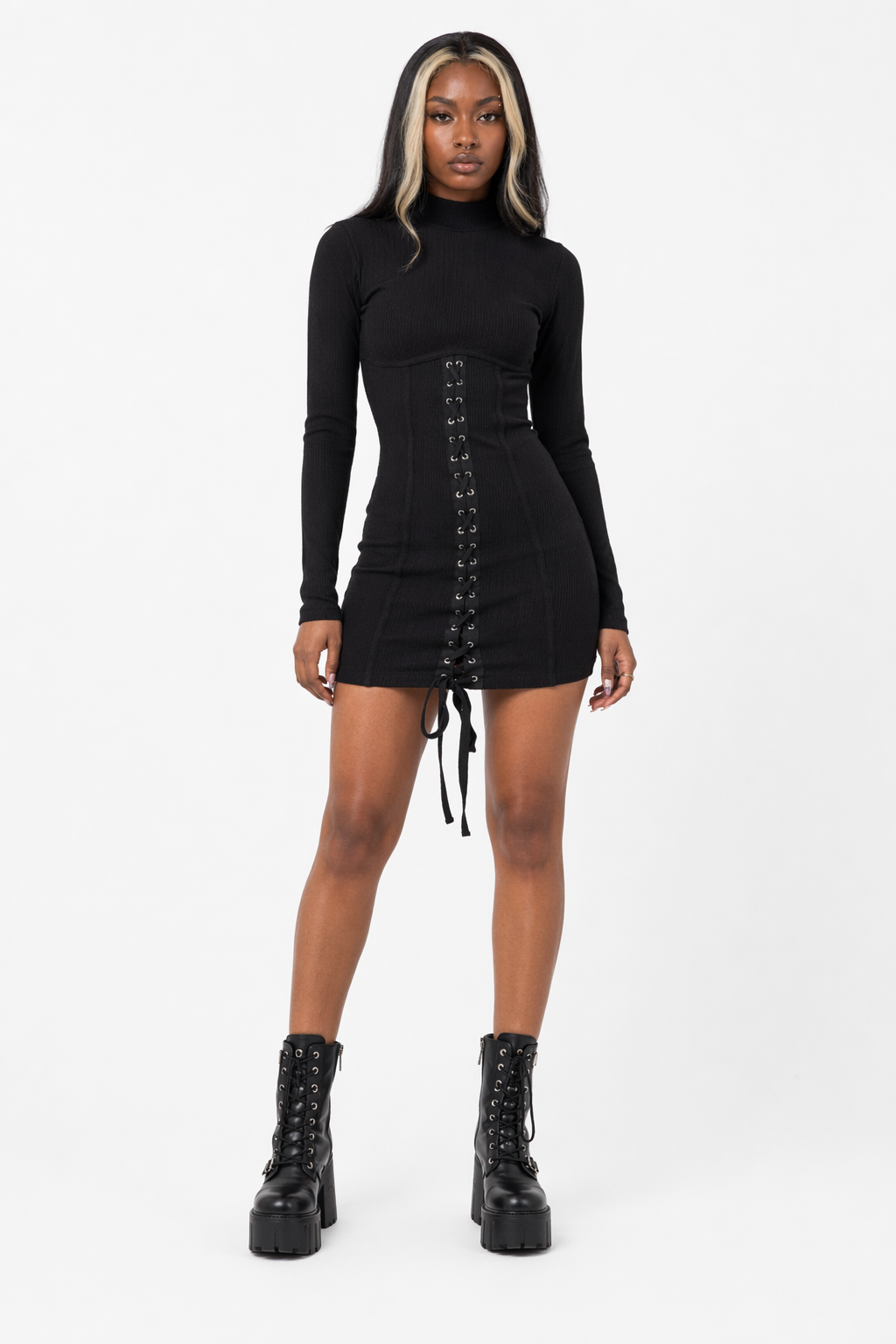 Black Grunge Knitted Turtleneck Dress: Stalking Style black