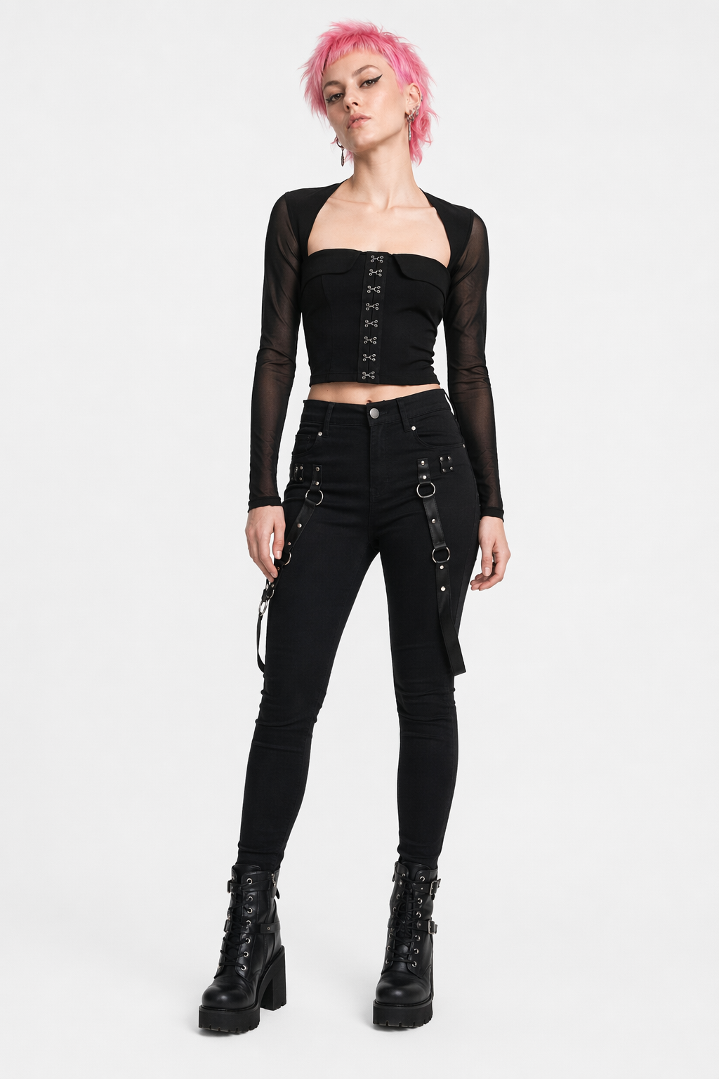 "Black Mesh Eyelet Top" black