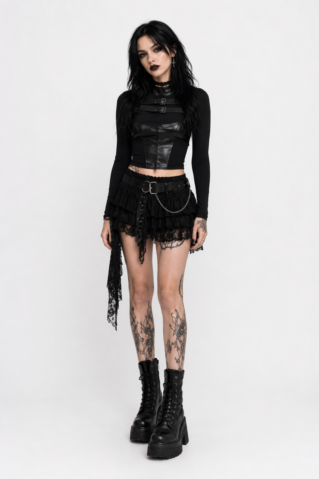 Black Gothic Faux Leather Patchwork Top BLACK