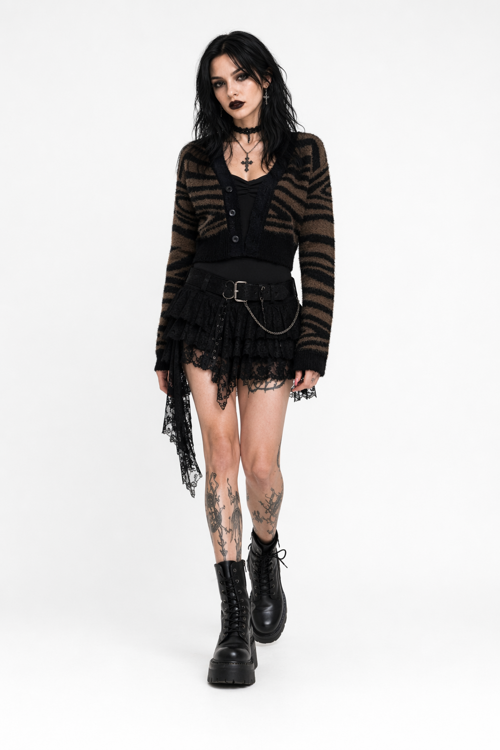 Grunge Brown Stripe Cardigan Deep Brown