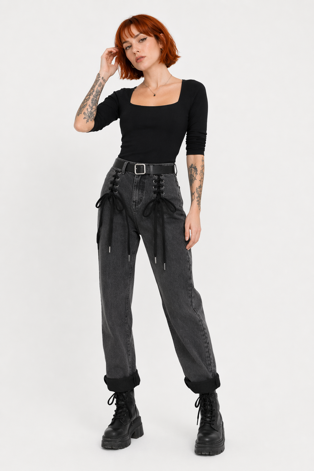 Black Lace-Up Denim Pants Black gray
