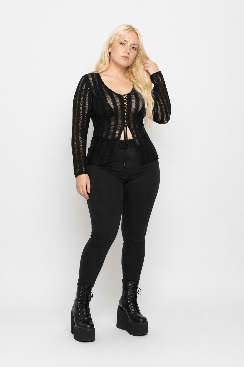 Sting's Laddered Black Lace-Up Sweater black