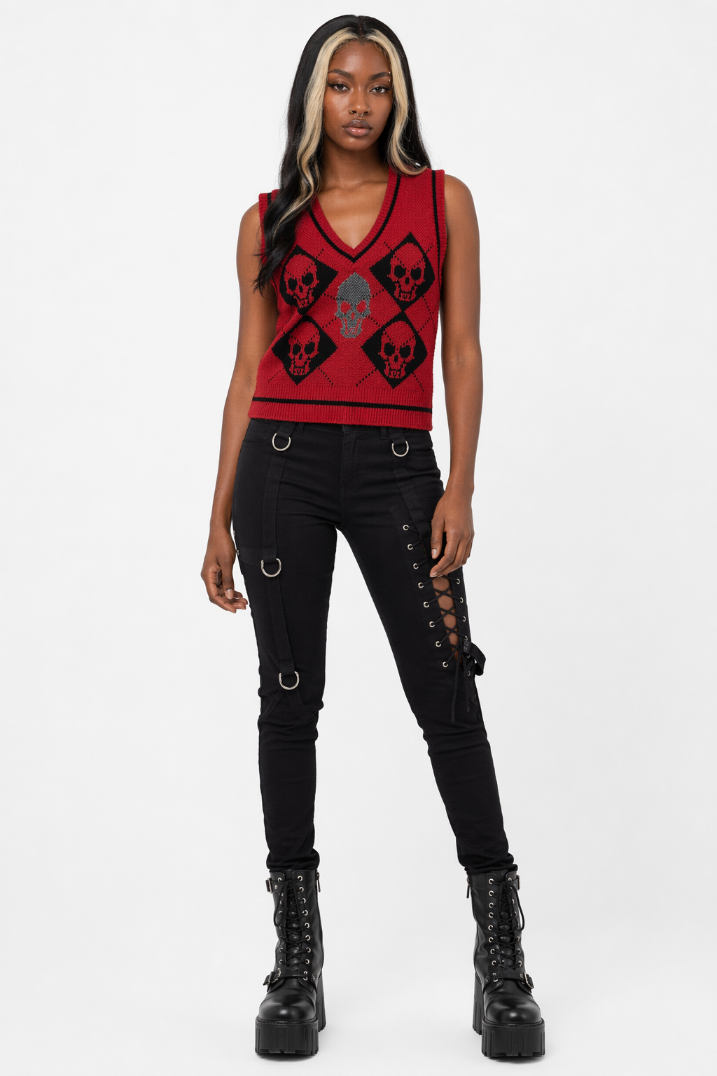 Gothic Skull Checkerboard Sweater Red