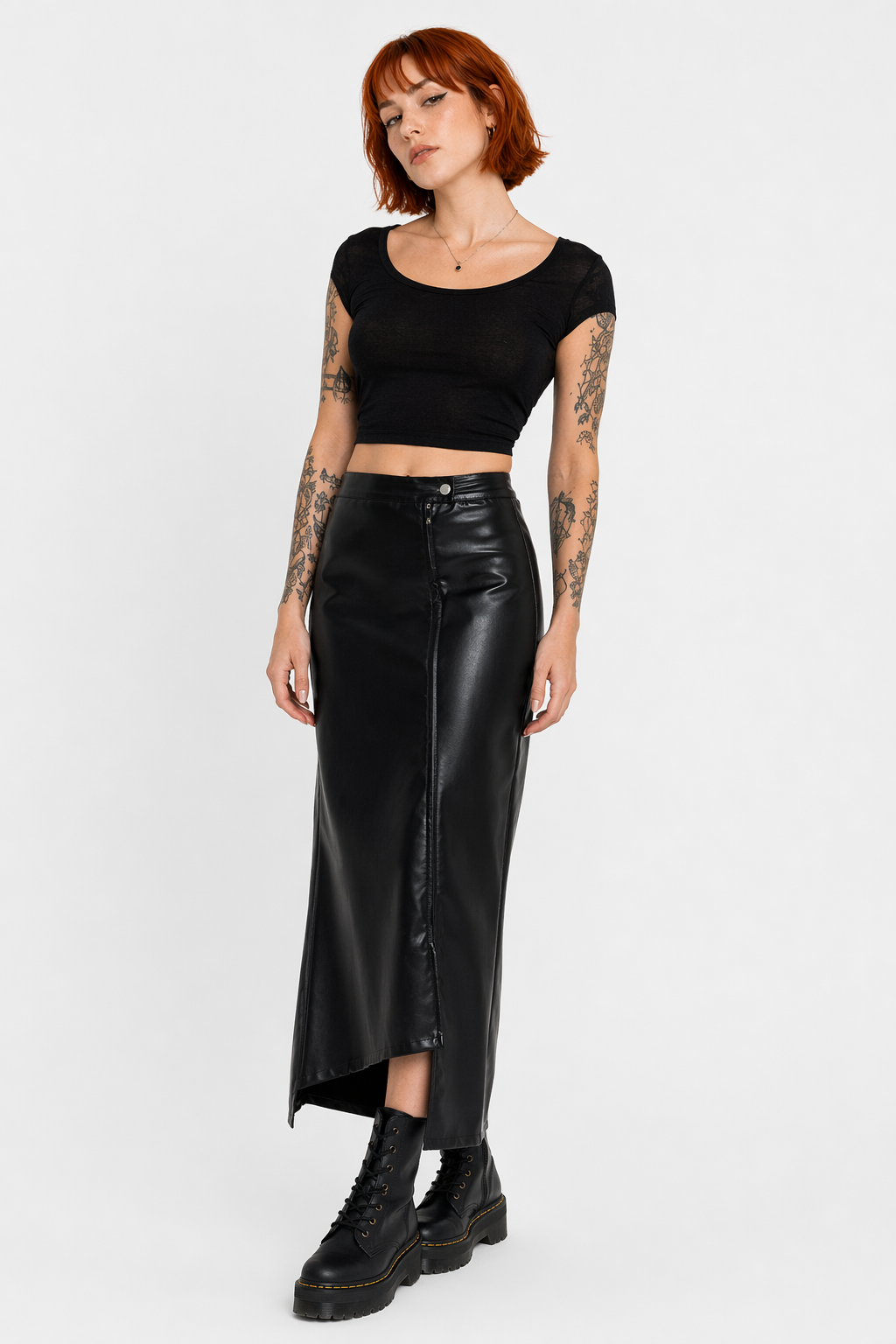 "Faux Leather Asymmetrical Skirt" Black