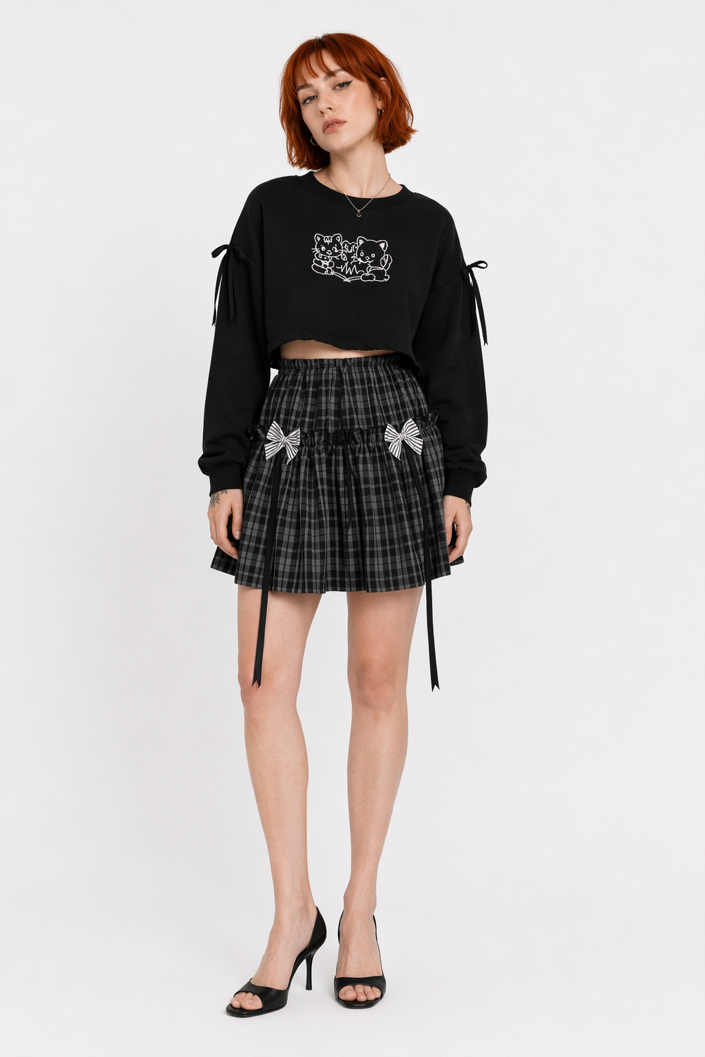 Grey Plaid Bow Skirt Black Plaid