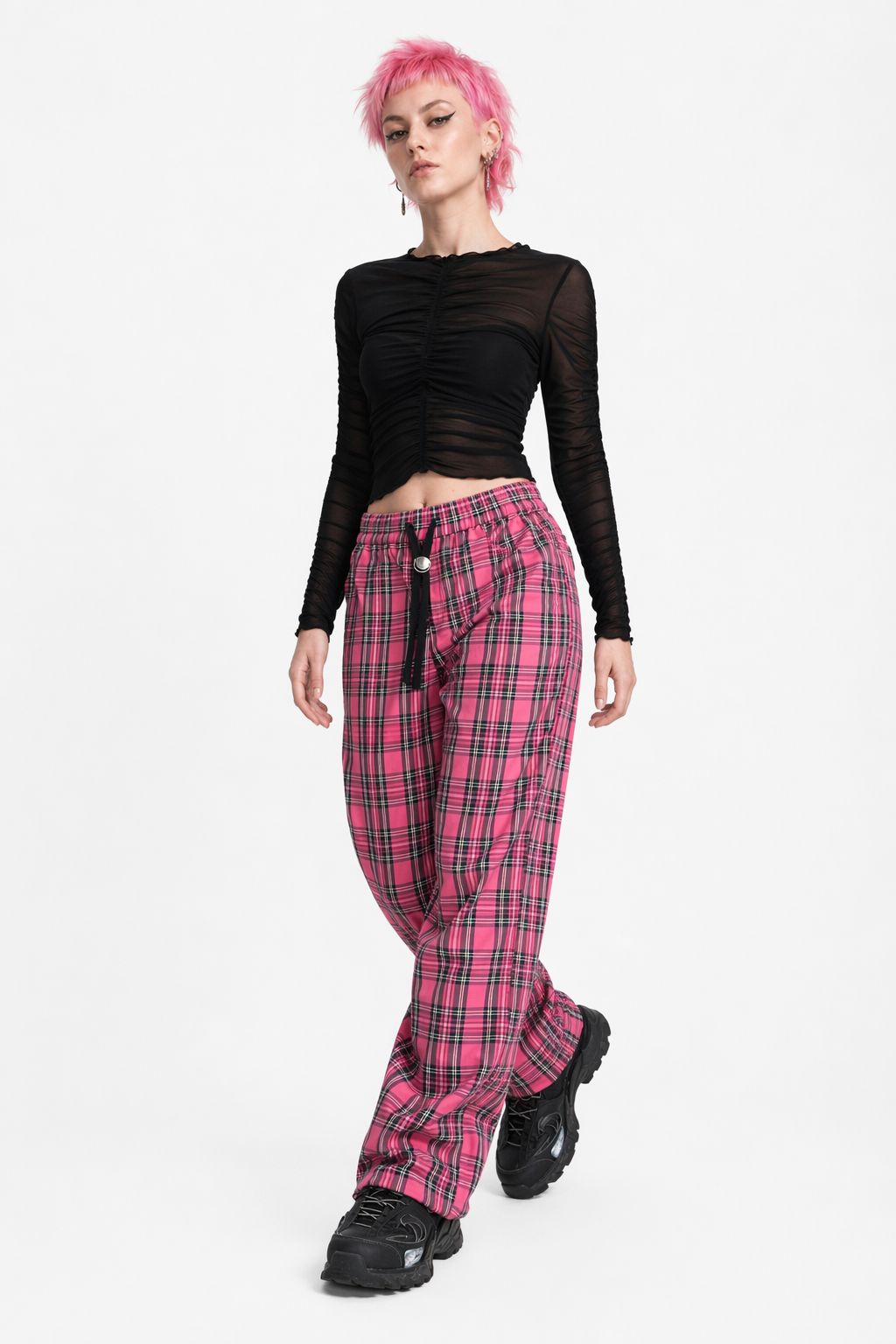 Red Plaid Harajuku Pants' Pink