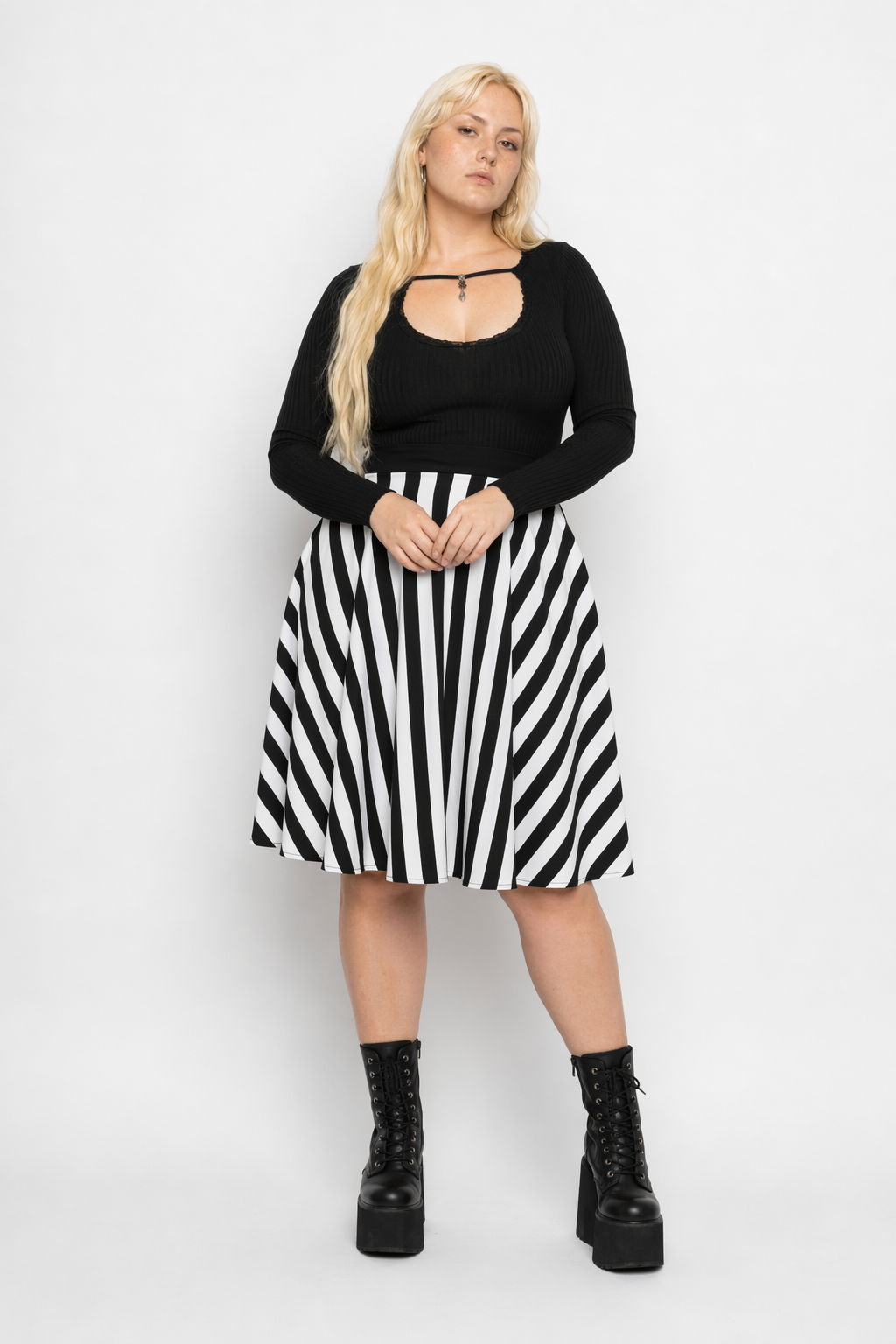 "Spooky Chic Plaid Skirt" Black White Striped
