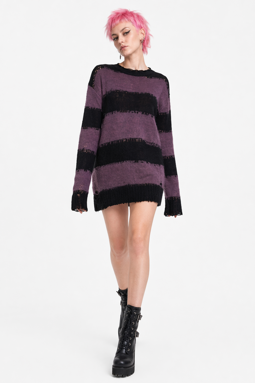 Black Purple Grunge Striped Sweater Purple