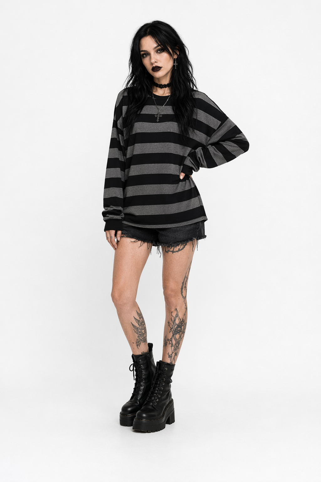 "Green Grunge Stripe Top" BLACK