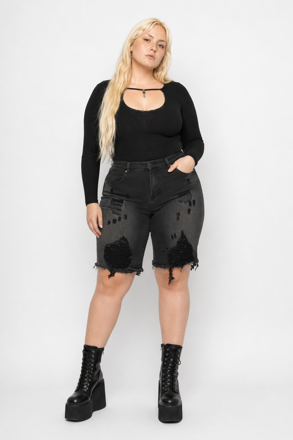 "Black Grunge Denim Shorts" Black
