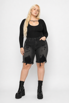"Black Grunge Denim Shorts" Black