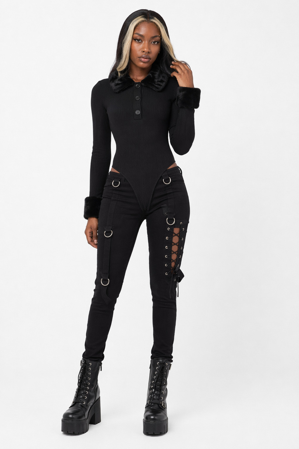 Knitted Faux Fur Bodysuit (Black) S