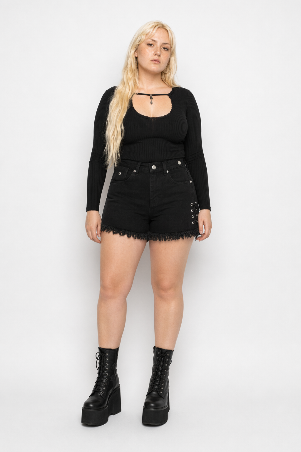 Black Grunge Tassel Denim Shorts' Black