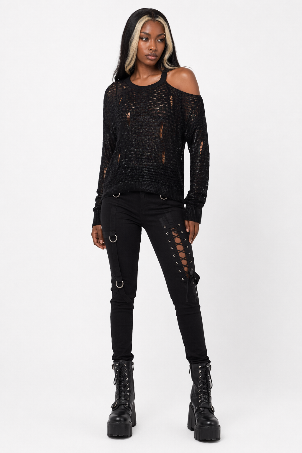 Terrifying Black Grunge Off-Shoulder Top Black