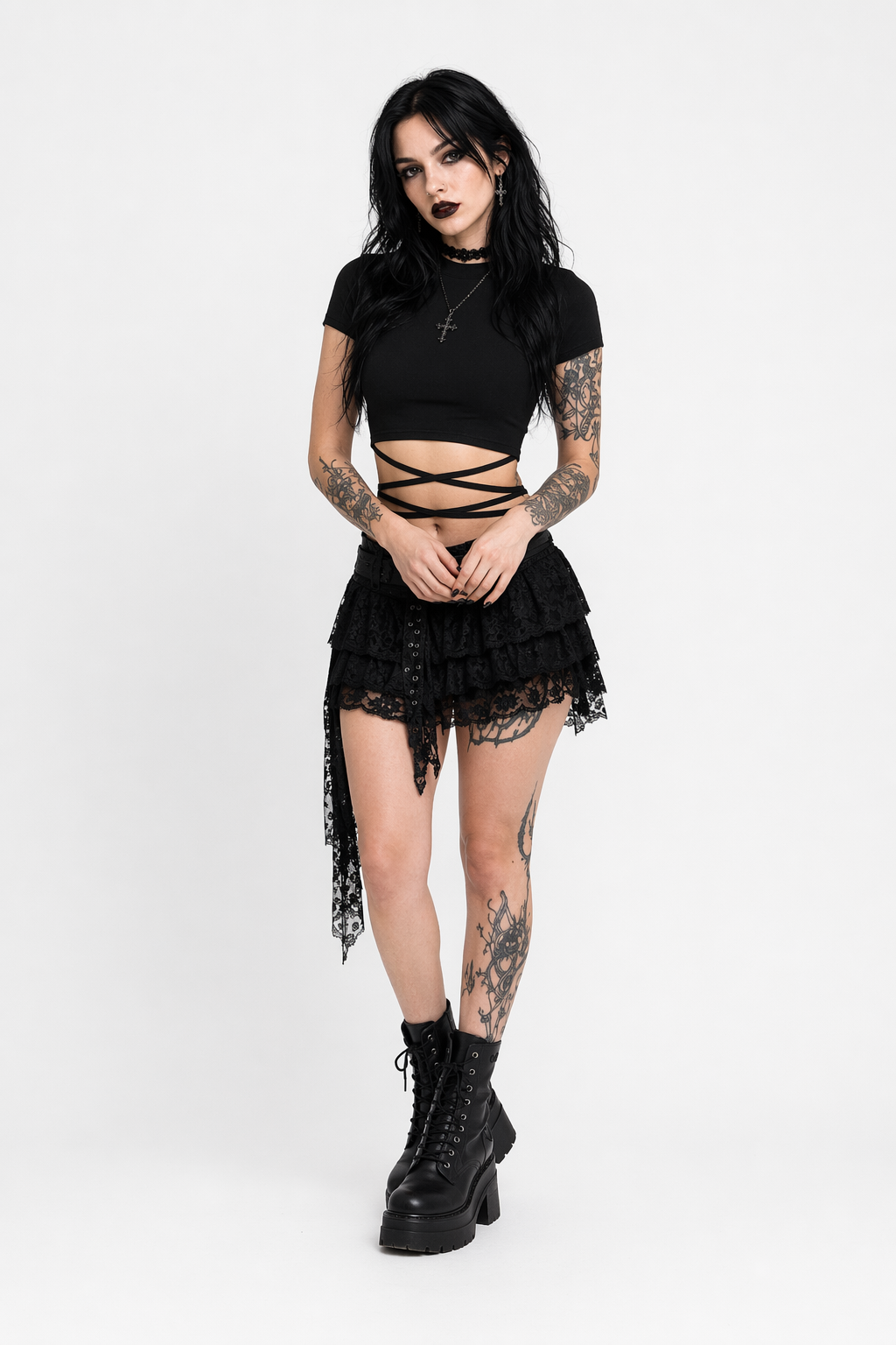 Black Lace Up Tee Black
