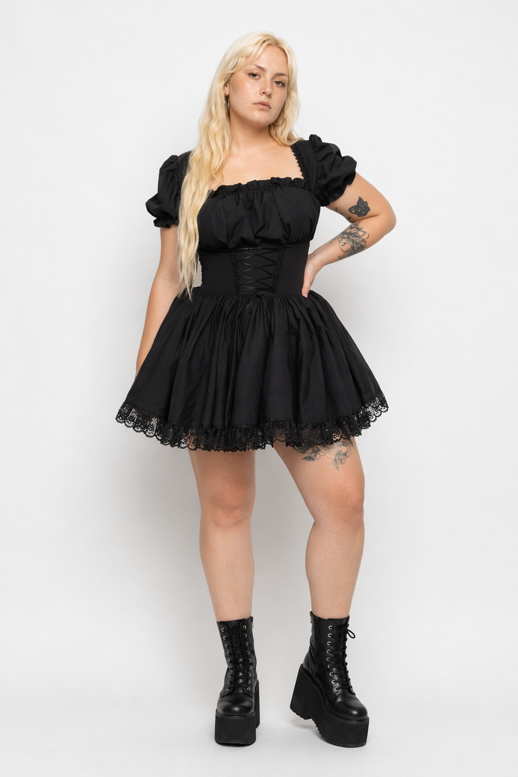 Black Lace Puff Dress Black