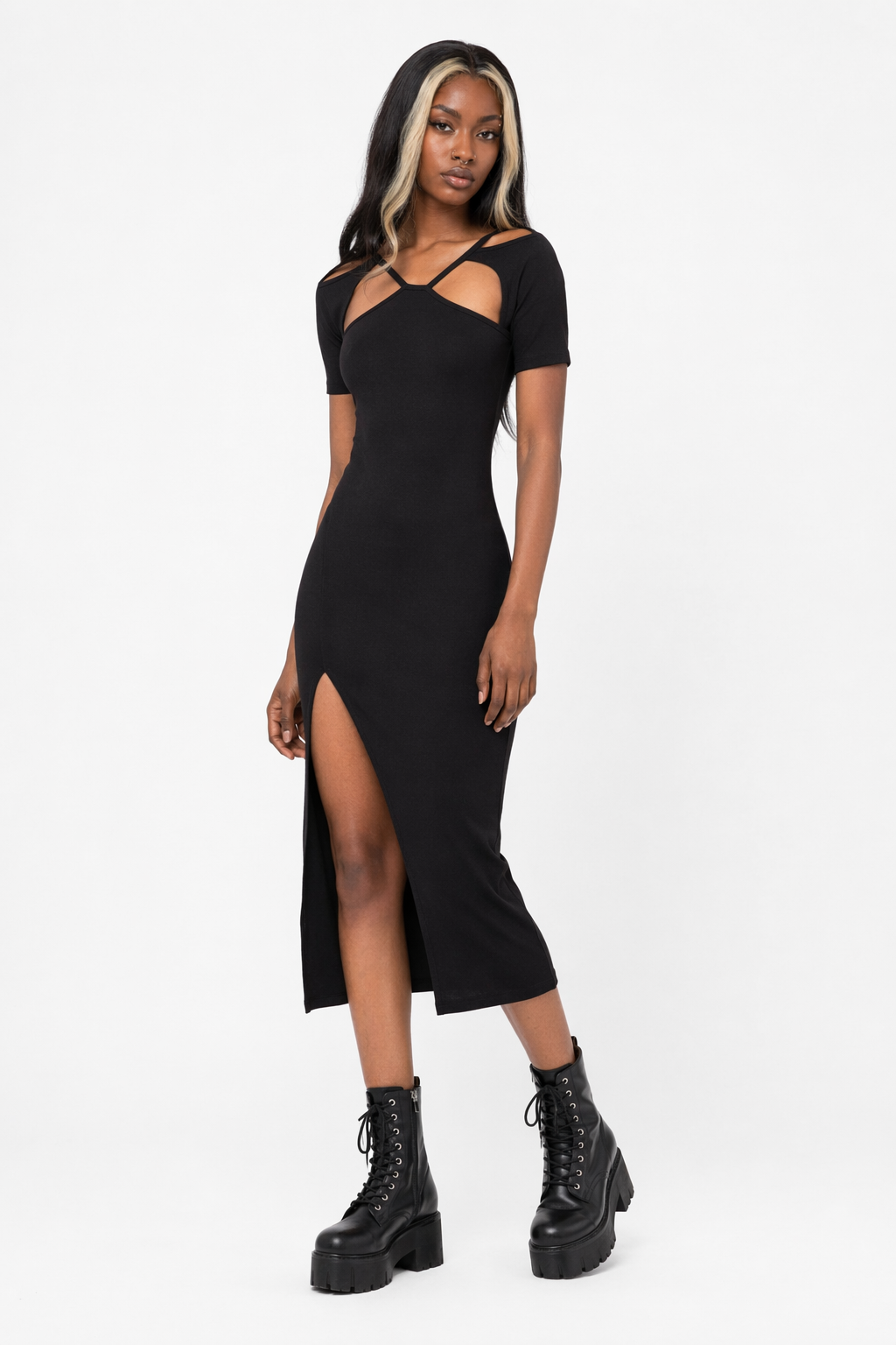 "Black Split Shoulder Dress" Black