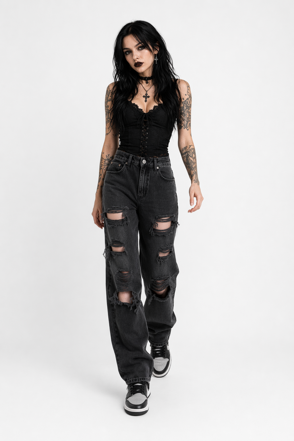 Black Ripped Denim Pants as picture