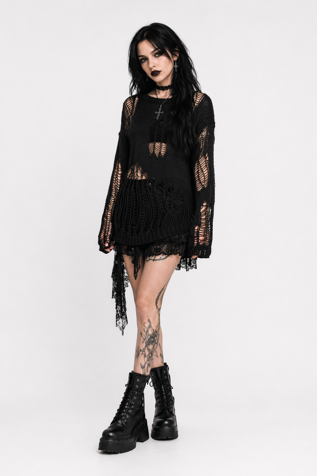 "Black Grunge Oversized Sweater" Black