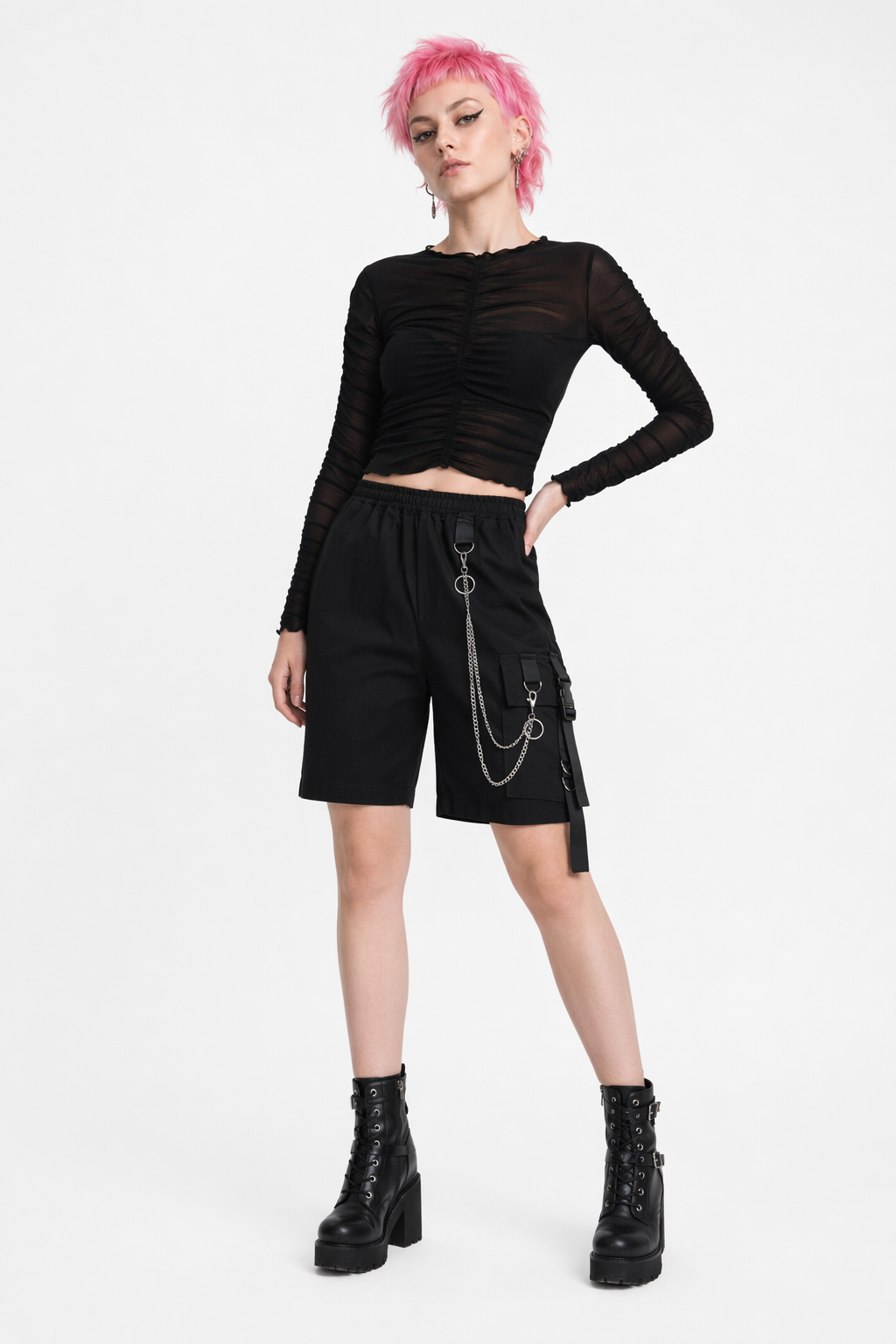 "Black Grunge Cargo Harem Shorts" black