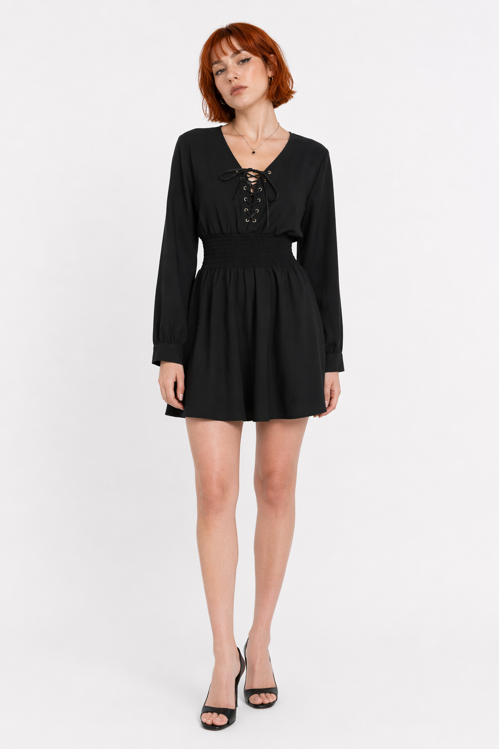 Black Lace-Up V-Neck Dress Black