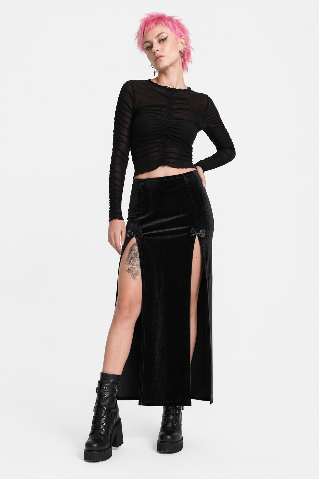 Black Velvet Split Skirt Black