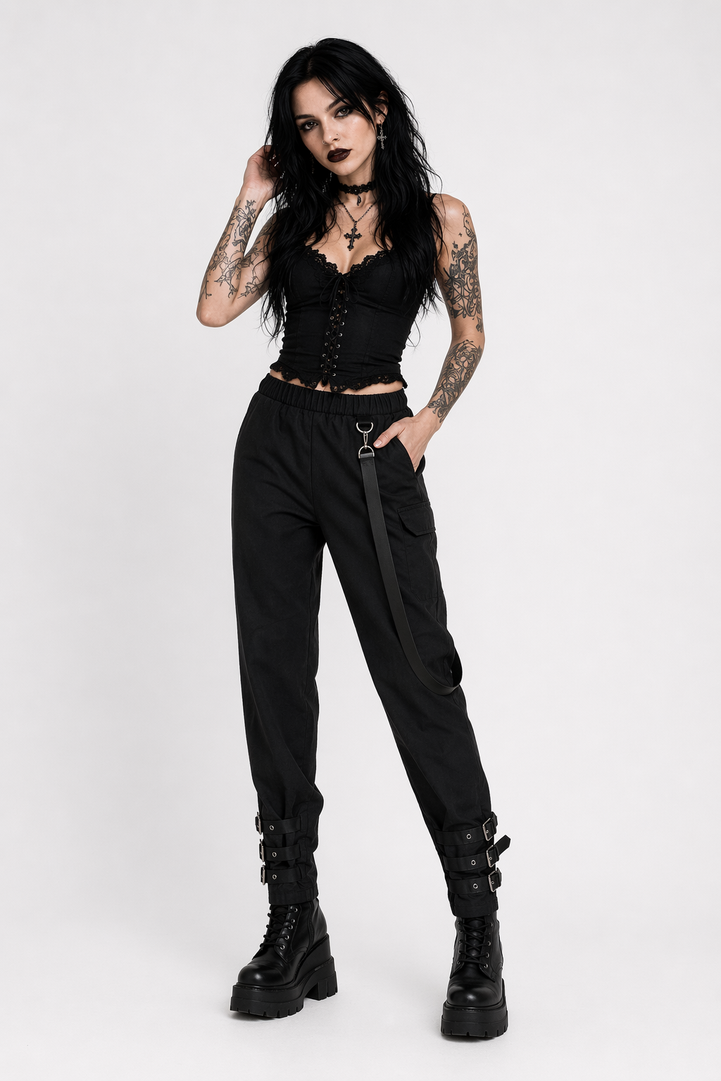 Black Grunge Strap Pants black pants