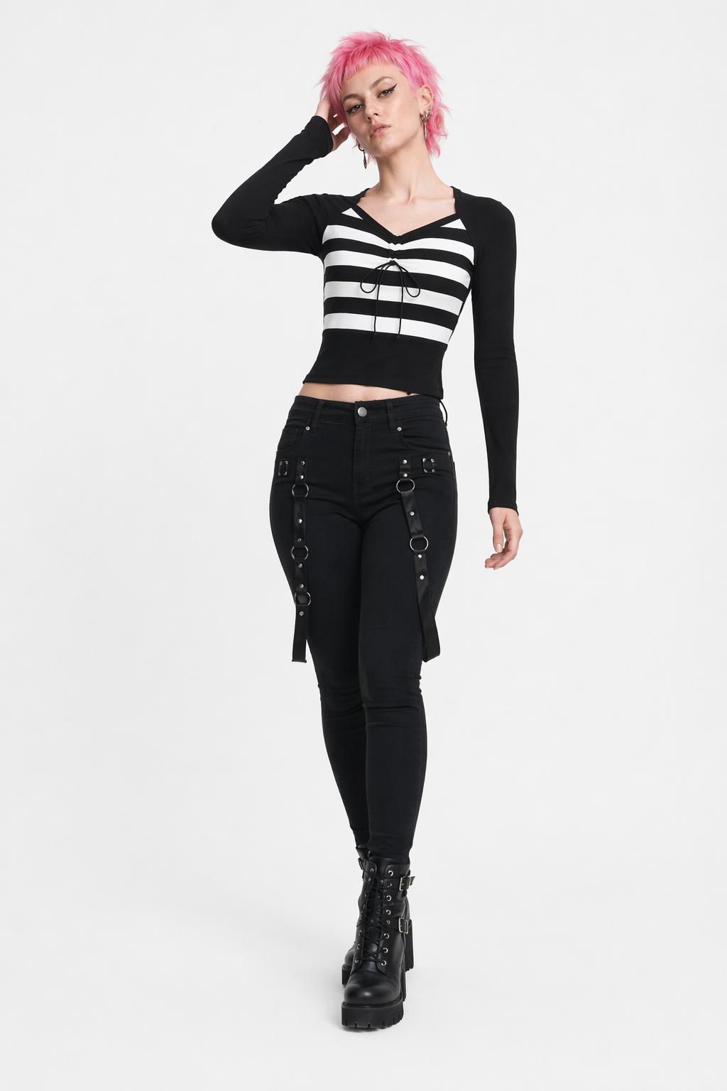 Black & White Lace-up Top Black