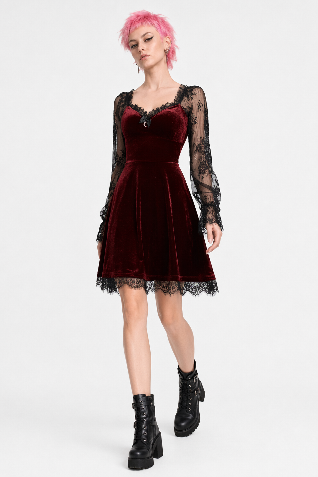 Gothic Flared Sleeve Dress. Burgundy