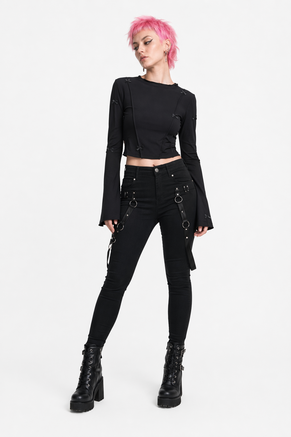 Grunge-inspired Black Bow Crop Top Black