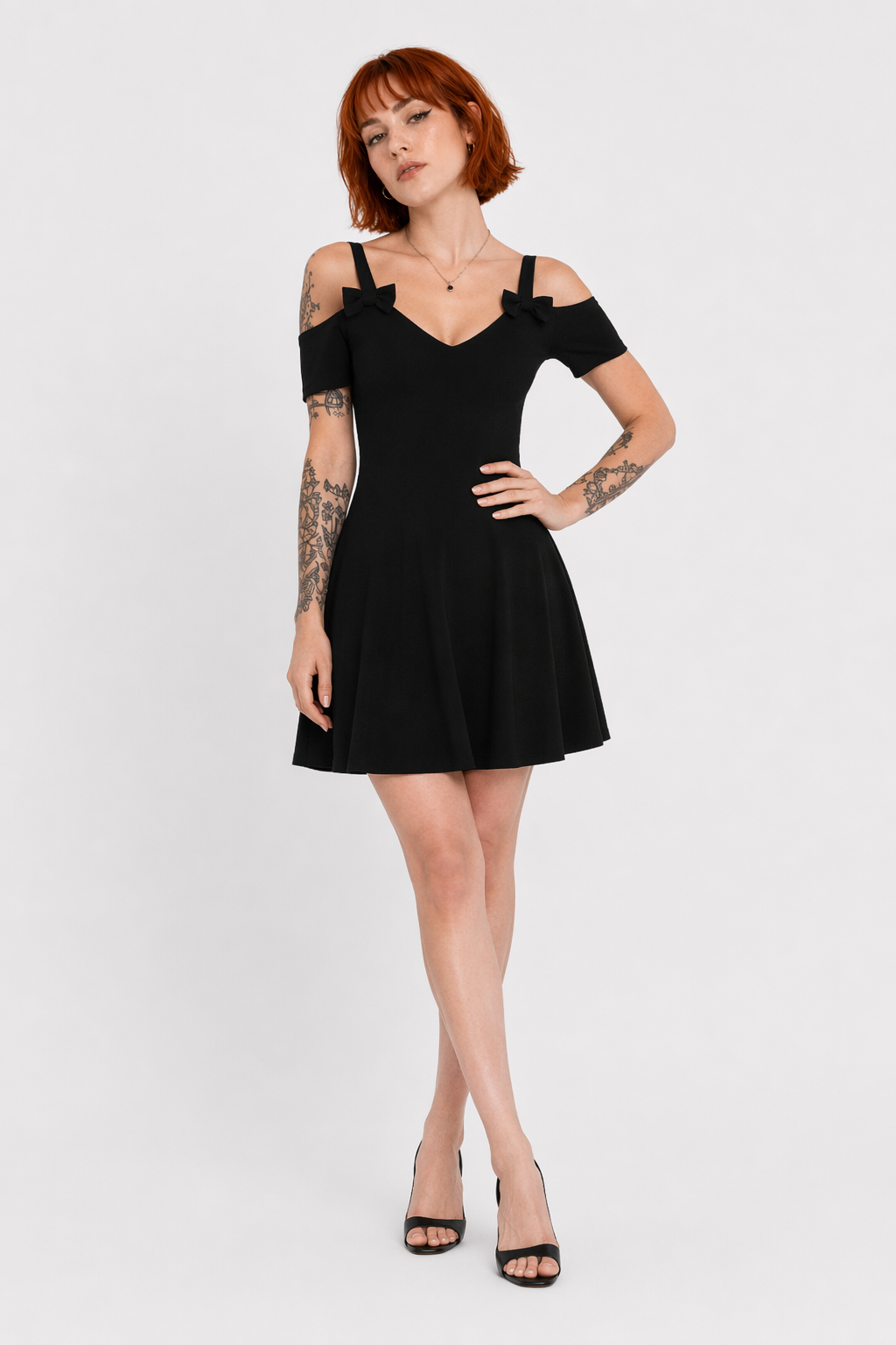 "Black Bow Open Shoulder Dress" black