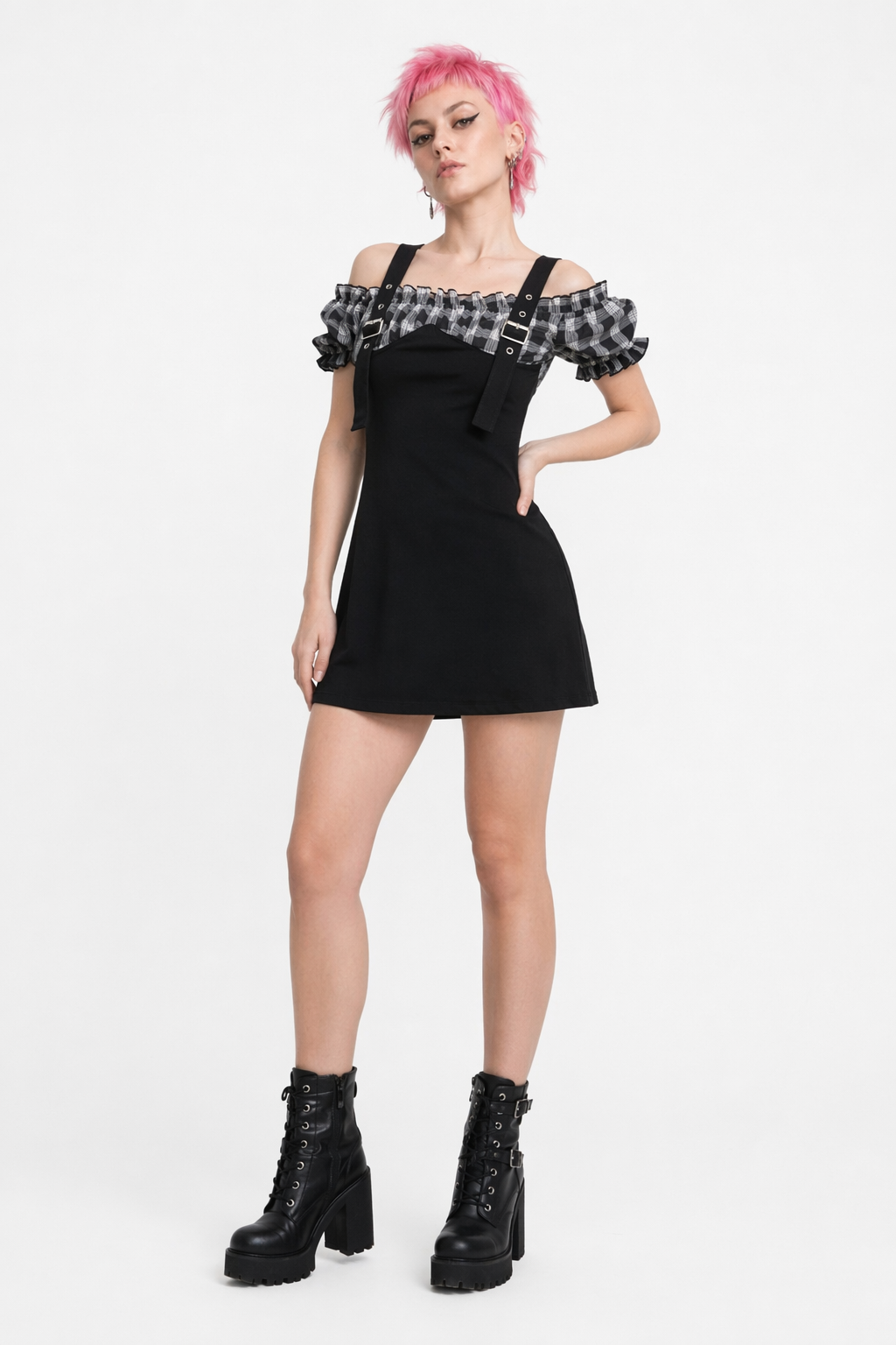 "Synergy Plaid Strap Dress" Black