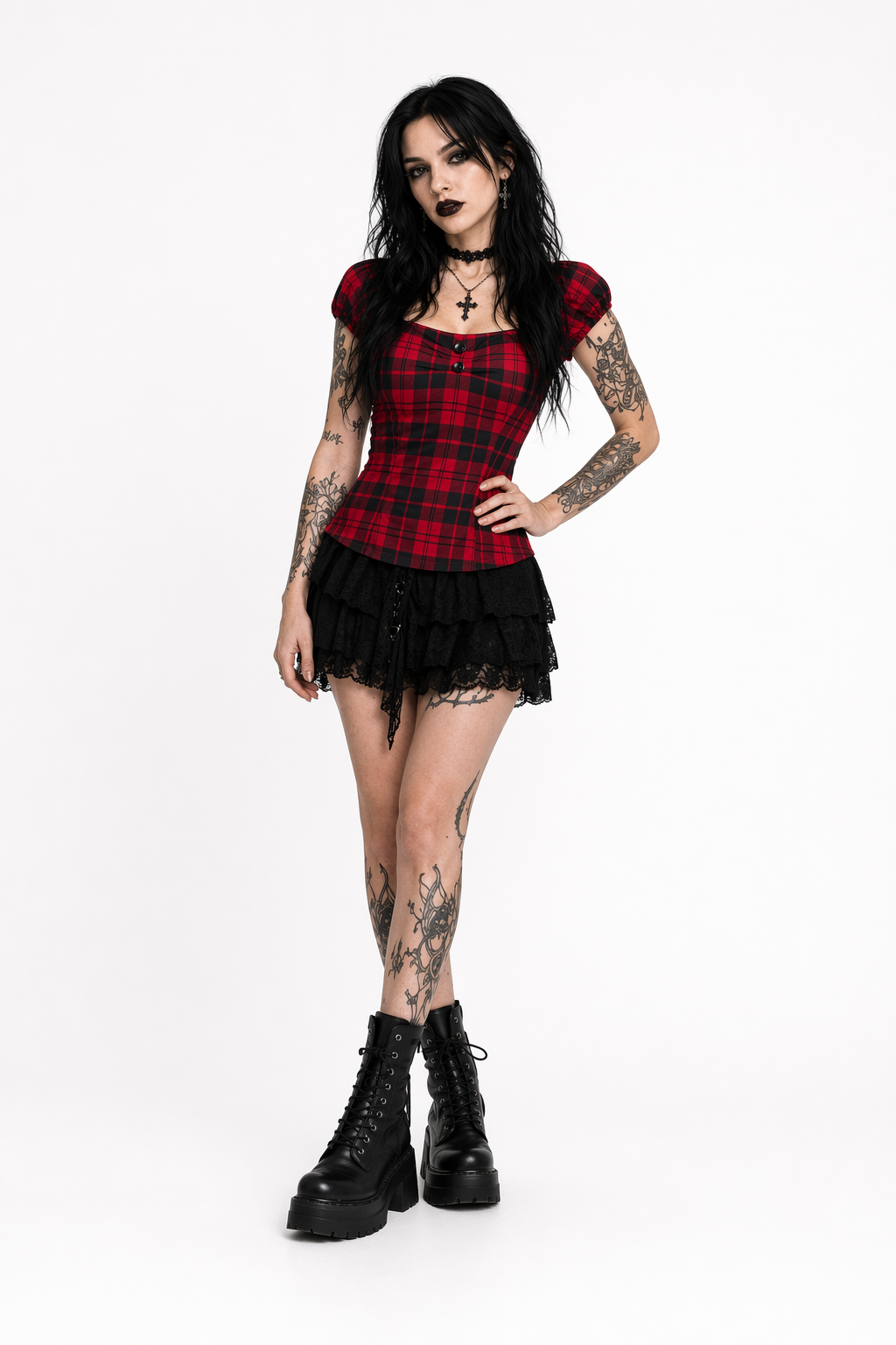 Red Grunge Plaid Top' S