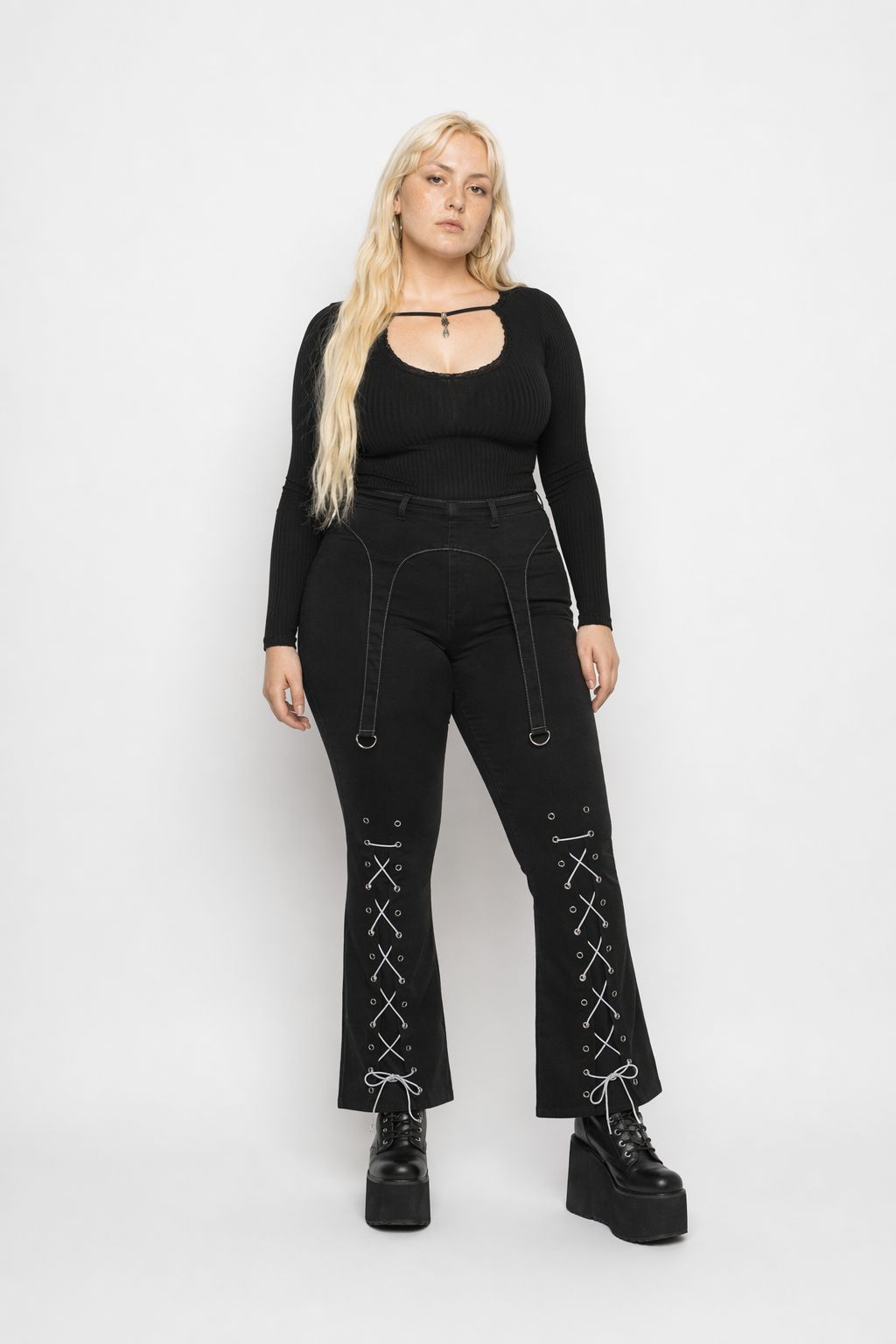 Black Grunge Lace Up Pants black