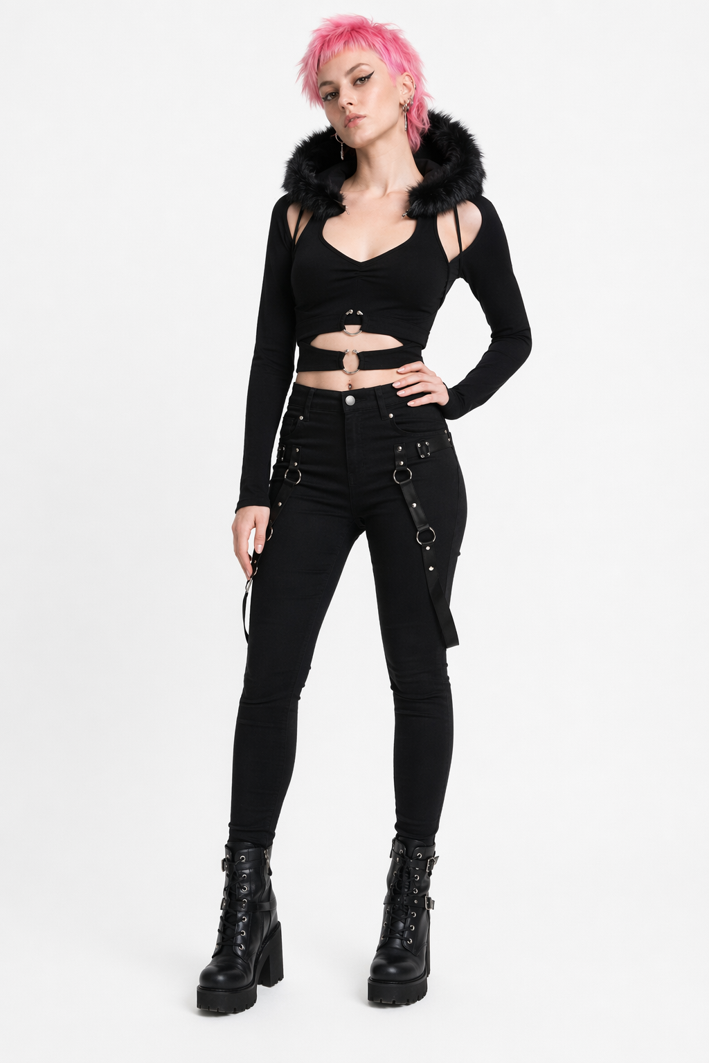 Faux Fur Hood Cropped Top Black