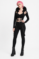 Faux Fur Hood Cropped Top Black
