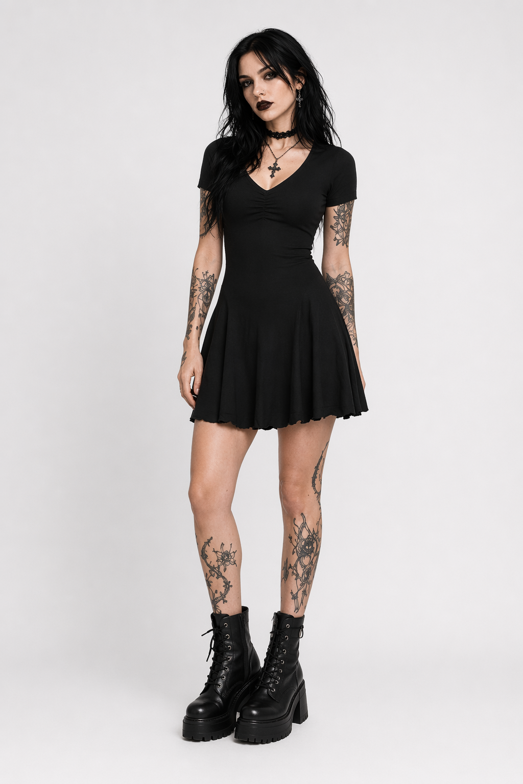 Prey' chic black v-neck dress. Black Dress